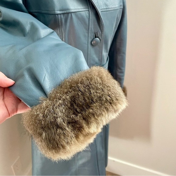 Vintage Rajac Leathers Penny Lane Fur Trim Leather Coat Longline Grey Size Small - Picture 3 of 12